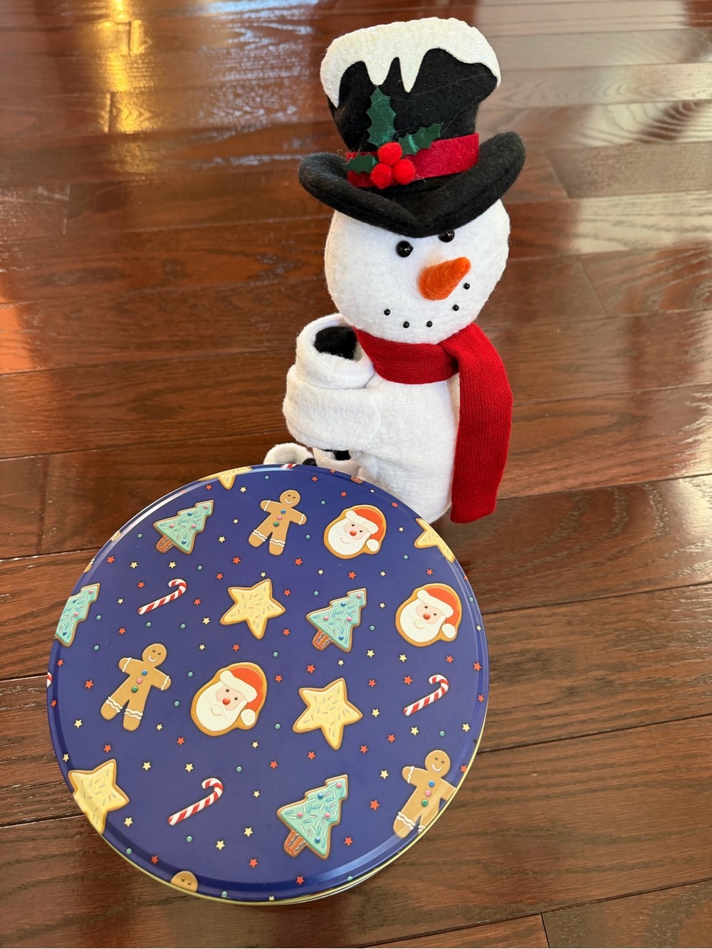Snowman Wine Bottle Hugger and Holiday Cookie Tin